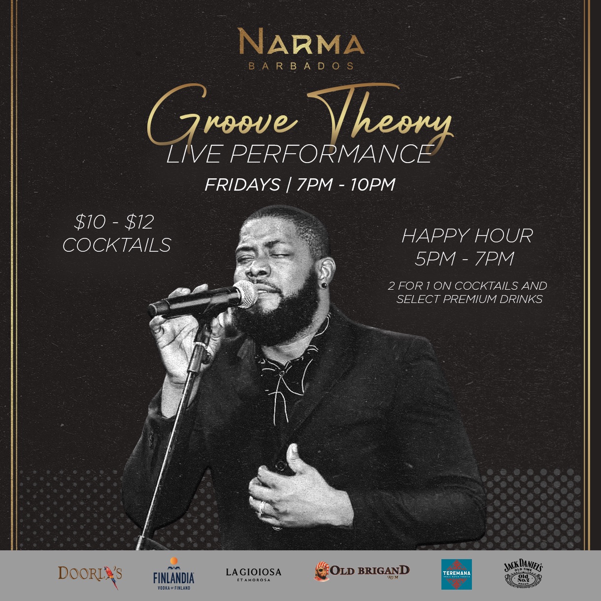 Groove Theory Fridays - Live Performance 7PM-10PM, $10-$12 Cocktails, Happy Hour 5PM-7PM