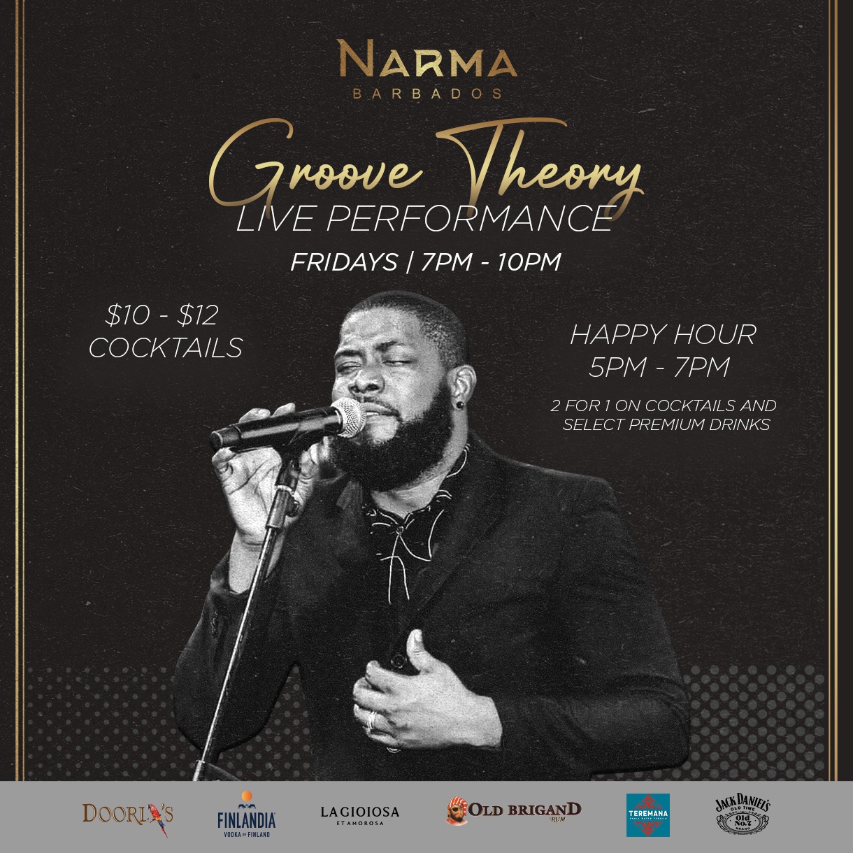 Groove Theory Fridays - Live Performance 7PM-10PM, $10-$12 Cocktails, Happy Hour 5PM-7PM