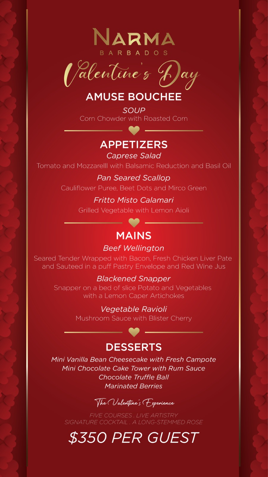 Valentine's Day Menu - Five Course Experience, $350 Per Guest